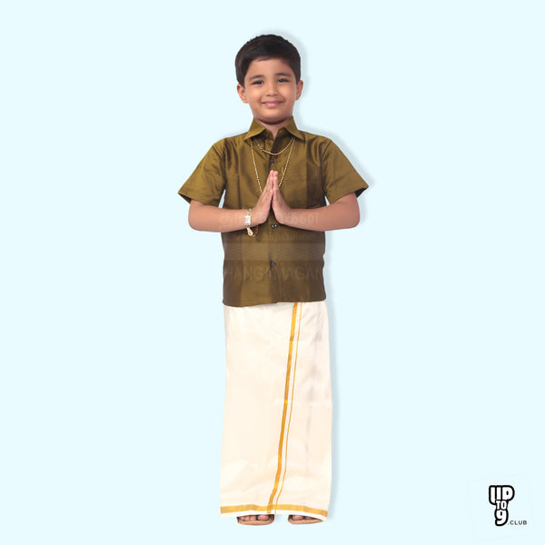 THANGAMAGAN PREMIUM Boys Green Shirt with Self-attaching Dhoti, Towel And Freebies Set