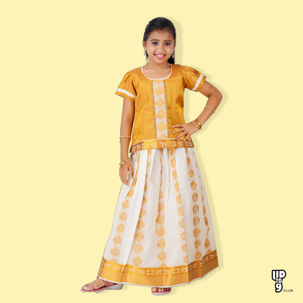 SKV Ethniverse Girl's Traditional Indian Lehenga Choli Set, gold and cream kerala ethnic pattu pavadai