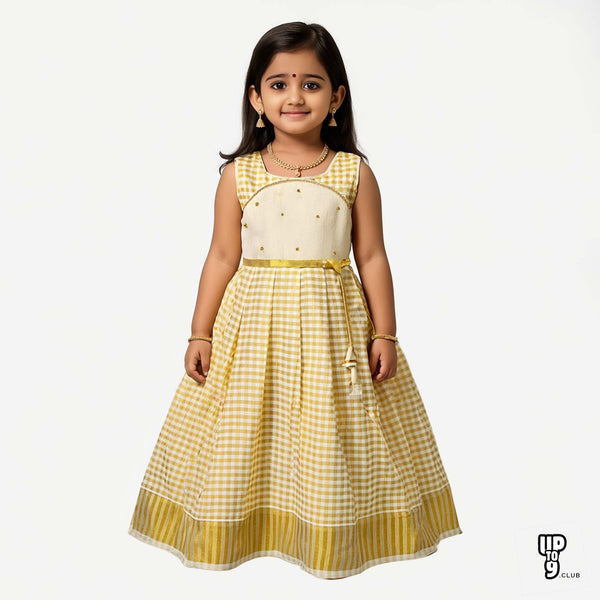 SHREE DEVI  Girls Traditional Indian Lehenga Choli Set, Yellow and White ,Checked Tissue Cotton Pattu Pavada