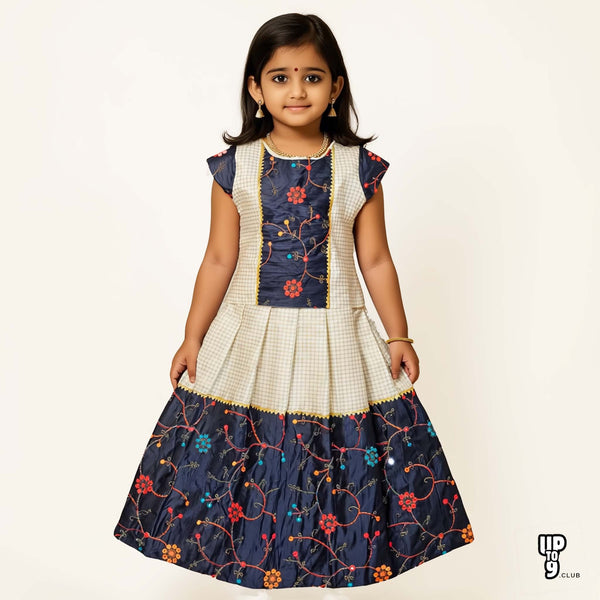 SHREE DEVI  Girls Traditional Indian Lehenga Choli Set, Balck and White ,Tissue Cotton Pattu Pavada Frock