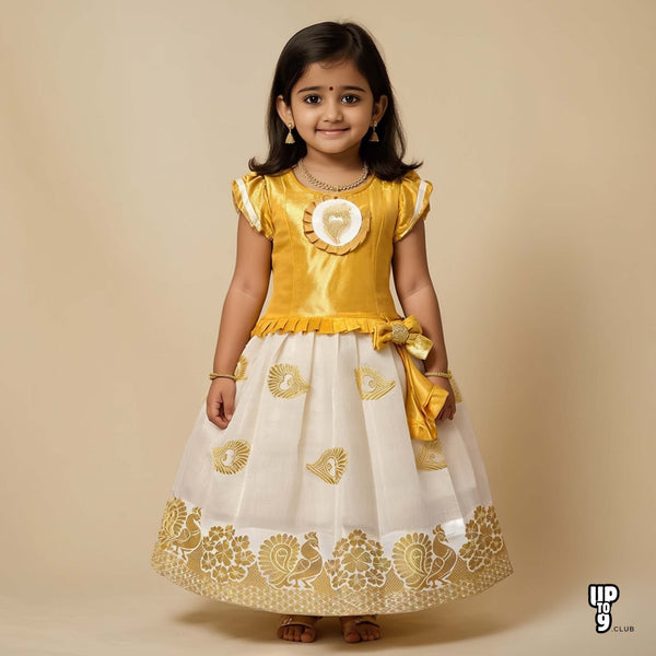 SRI LAKSHMI NARAYANA  Girls Traditional Indian Lehenga Choli Set, Yellow, Tissue - Kerala Cotton Pattu Pavada 441VT