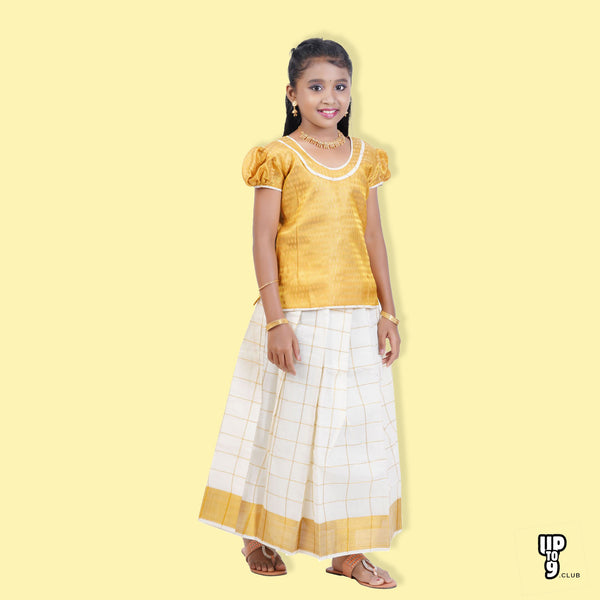 SKV ETHNIVERSE Girls' Traditional Indian Lehenga Choli Set, Cream and  Gold embroidered pattu pavadai