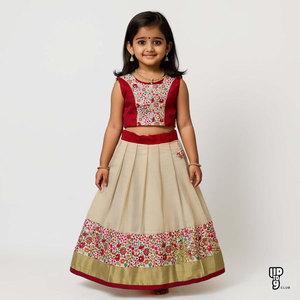 SHREE DEVI  Girls Traditional Indian Lehenga Choli Set, Red,Mono Banglori Silk Tissue Cotton Pattu Pavada