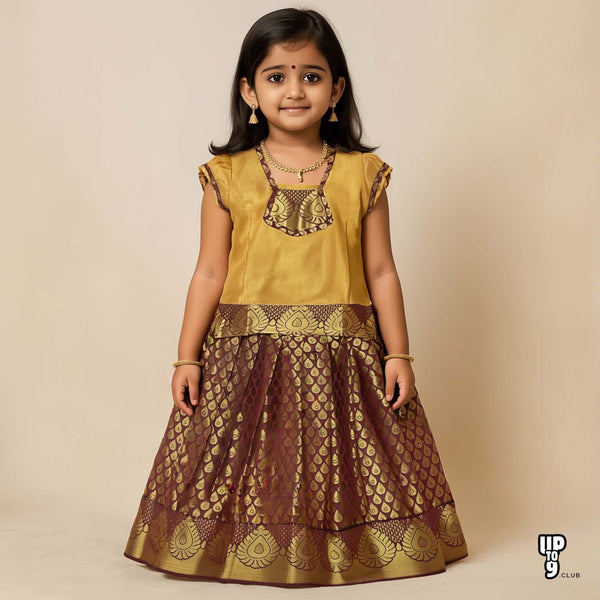 BABY LAKSHMI Half Puffed Sleeves Patch Embroidered Abstract Foil Printed Pattu Pavadai Set - Mango Gold