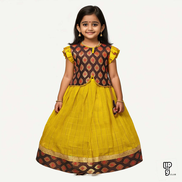 SRI LAKSHMI NARAYANA  Girls Traditional Indian Lehenga Choli Set, Yellow and Balck, Banaras - Slub  Checkered  Silk Pattu Pavada 313SP