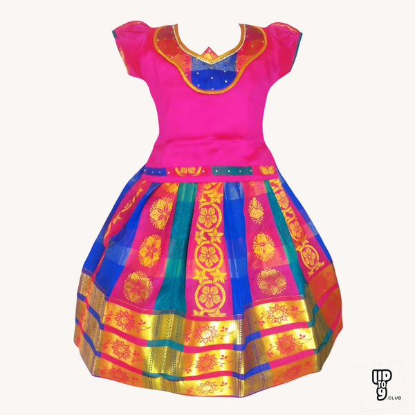 SRI LAKSHMI NARAYANA  Girls Traditional Indian Lehenga Choli Set, Pink and Blue ,Embose Pattu Pavada 139VT