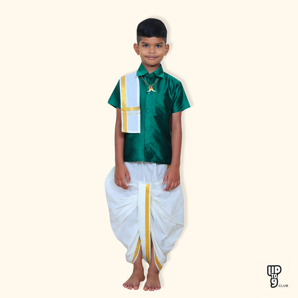 ROYAL TRENDY'S  Ethnic Wear Boys' Art Silk Shirt & Panjagajam Set - Green color