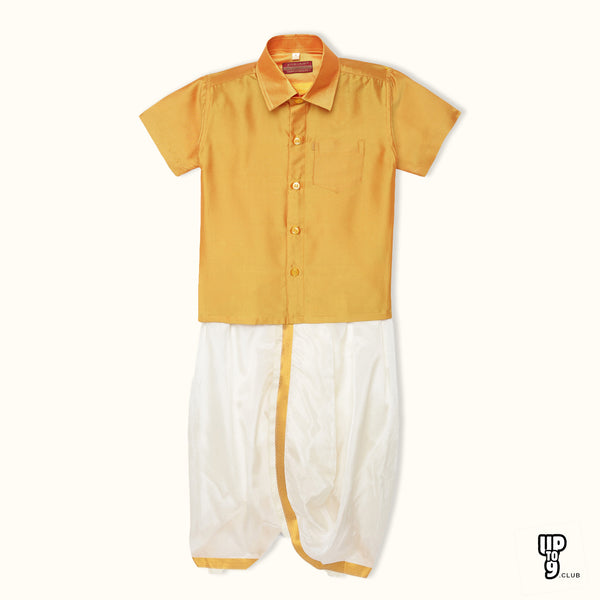 THANGAMAGAN PREMIUM Solid Yellow Boys Panjagajam & Shirt Set