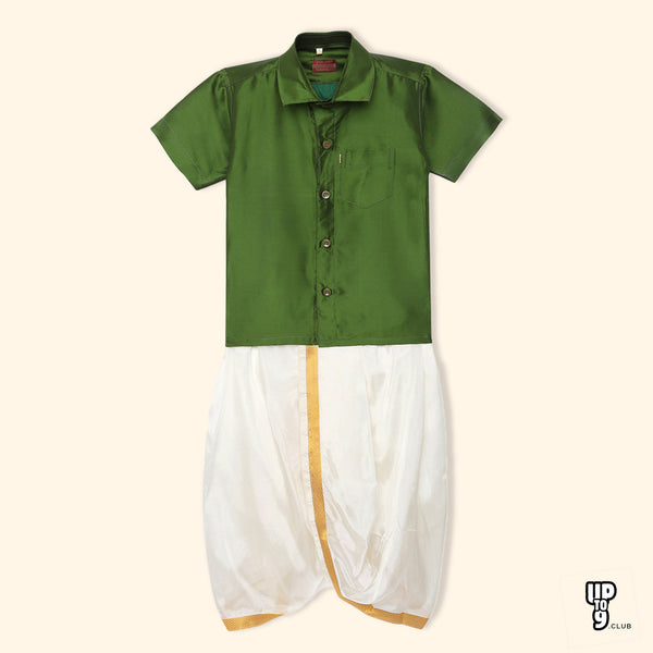 THANGAMAGAN PREMIUM Solid Green Boys Panjagajam & Shirt Set