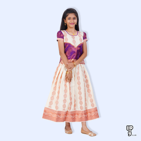 SKV ETHNIVERSE  Traditional Indian Lehenga choli Set , Cream with purple, copper , jaquard self  emboss pattu pavadai