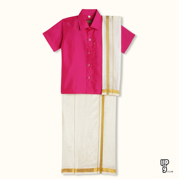 THANGAMAGAN PREMIUM Boys Pink Shirt with Self-attaching Dhoti, Towel And Freebies Set