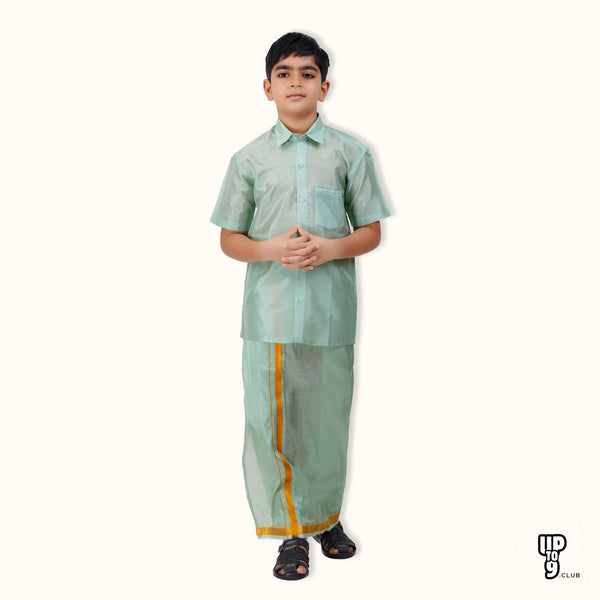 SKV ETHNIVERSE Padmaavathi's Ethnic Wear for Boys light green Silk Shirt - Dhoti Set