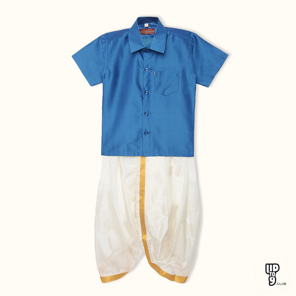 THANGAMAGAN PREMIUM Solid blue Boys Panjagajam & Shirt Set