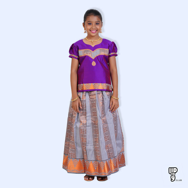 SKV ETHNIVERSE Girls' Traditional Indian Lehenga Choli Set, Purple and grey Ethnic Wear Dress, Flared Skirt, copper zari emboss pattu pavadai