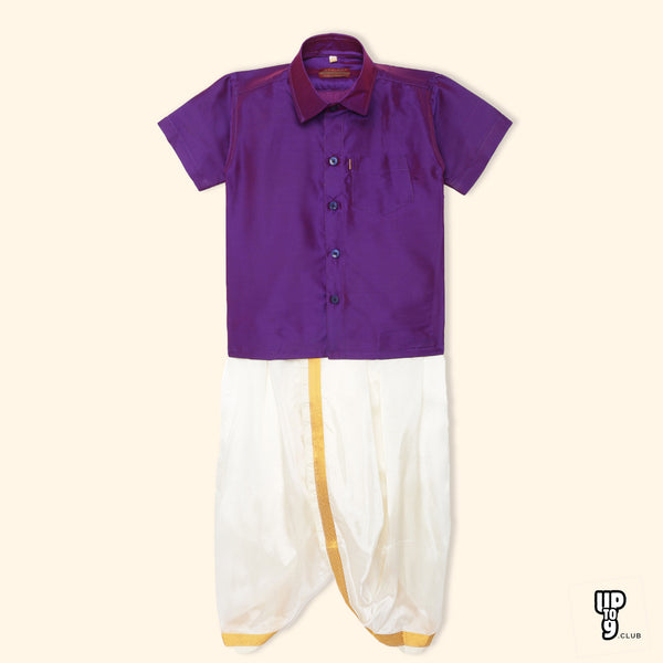 THANGAMAGAN PREMIUM Solid Purple Boys Panjagajam & Shirt Set