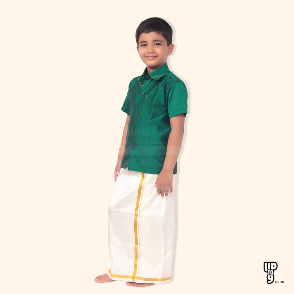 THANGAMAGAN PREMIUM Boys Green Shirt with Self-attaching Dhoti, Towel And Freebies Set