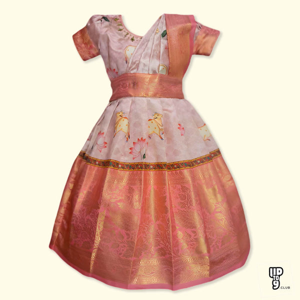 SRI LAKSHMI NARAYANA PREMUIM  Girls Traditional Indian Lehenga Choli Set, Pink, Chanderi Picwai Print  Pattu Pavada,Half Saree