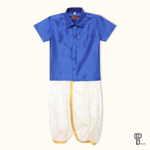 THANGAMAGAN PREMIUM Solid Blue Boys Panjagajam & Shirt Set