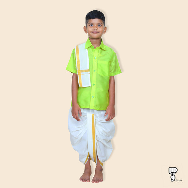 ROYAL TRENDY'S  Ethnic Wear Boys' Art Silk Shirt & Panjagajam Set - Green color