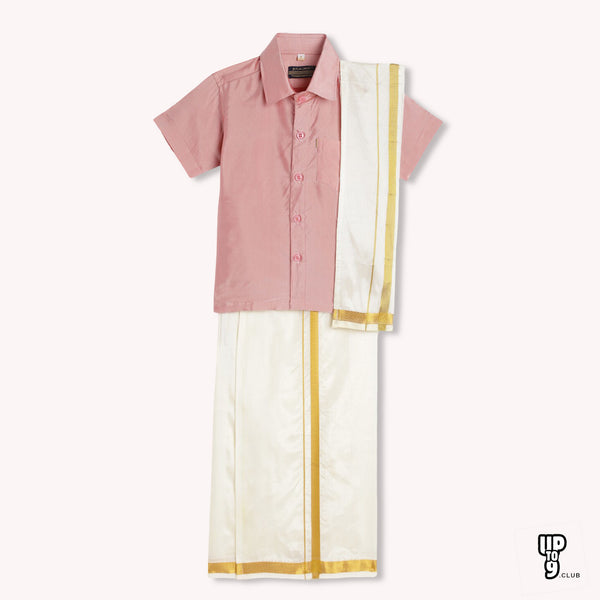 THANGAMAGAN PREMIUM Boys Pink Shirt with Self-attaching Dhoti, Towel And Freebies Set