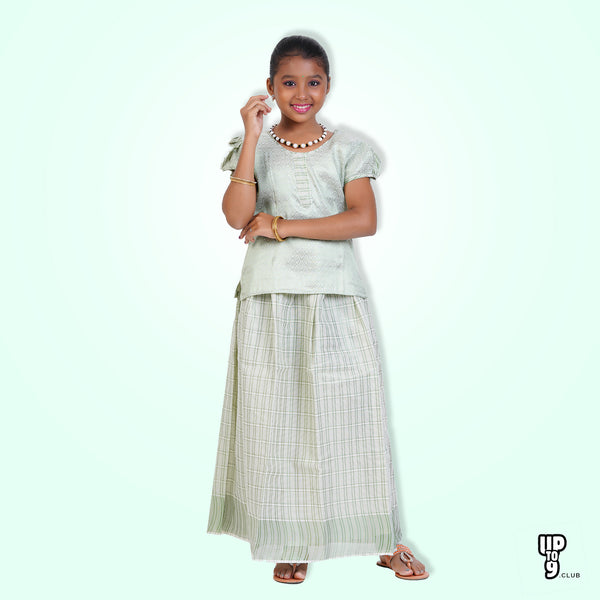 SKV Ethniverse Girl's Traditional Indian Lehenga Choli Set, jaquard and mint green zari Kerala cotton pattu pavadai