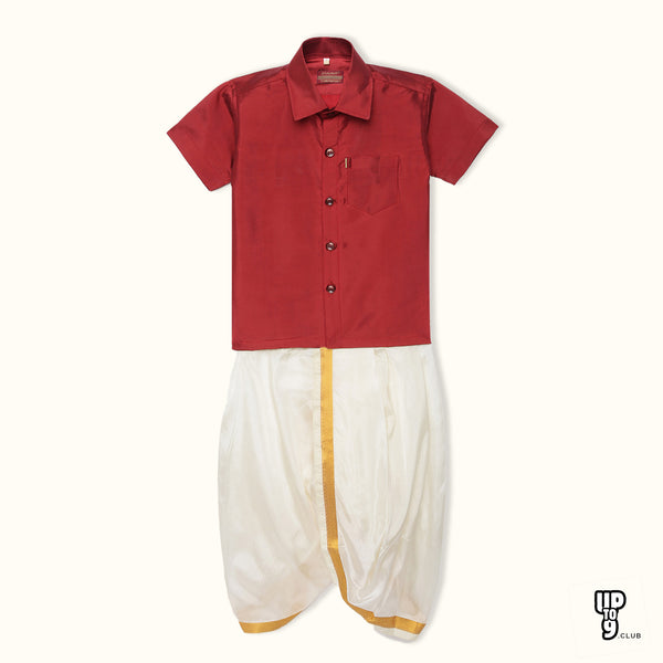 THANGAMAGAN PREMIUM Solid Red Boys Panjagajam & Shirt Set