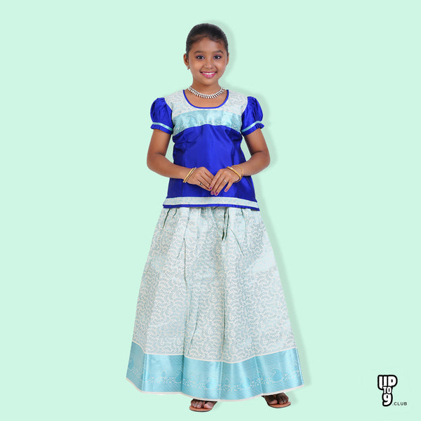 SKV ETHNIVERSE Girls' Traditional Indian Lehenga Choli Set, Blue and Aqua , pattu pavadai