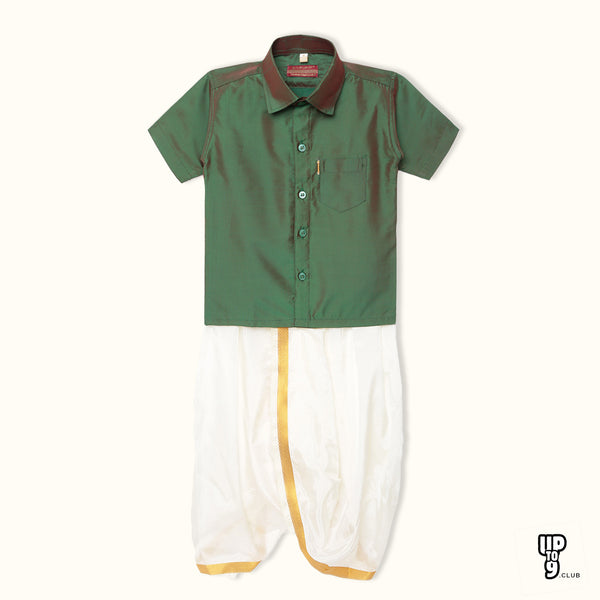 THANGAMAGAN PREMIUM Solid Green Boys Panjagajam & Shirt Set