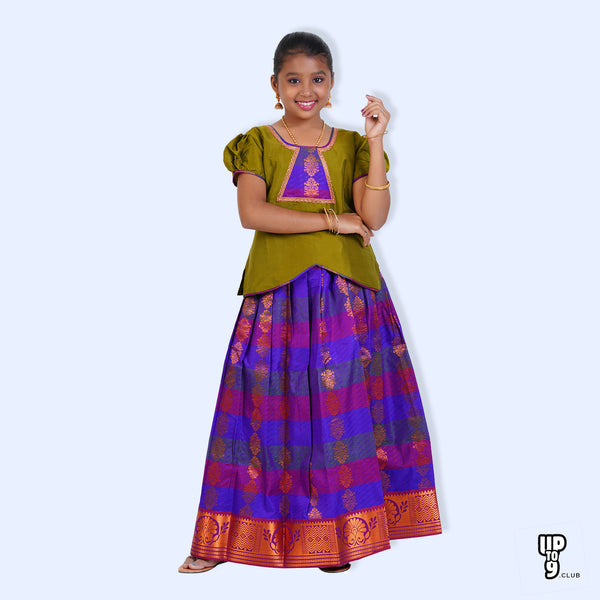 SKV ETHNIVERSE Girls' Traditional Indian Lehenga Choli Set, Olive Green Top with Full-Length Purple Skirt, purple emboss pattu pavadai
