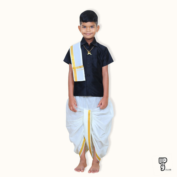 ROYAL TRENDY'S  Ethnic Wear Boys' Art Silk Shirt & Panjagajam Set - Black color