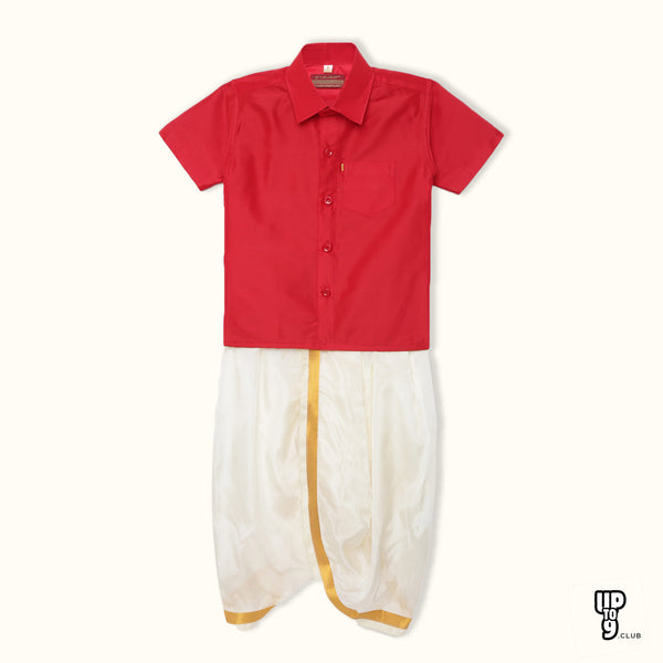 THANGAMAGAN PREMIUM Solid Red Boys Panjagajam & Shirt Set