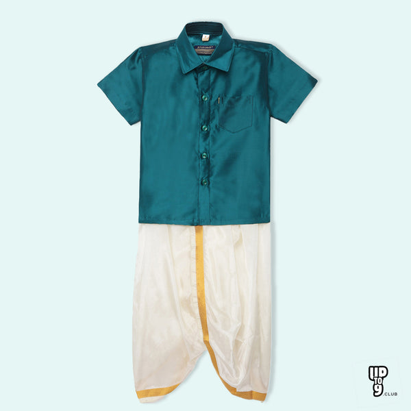 THANGAMAGAN PREMIUM Solid Green Boys Panjagajam & Shirt Set