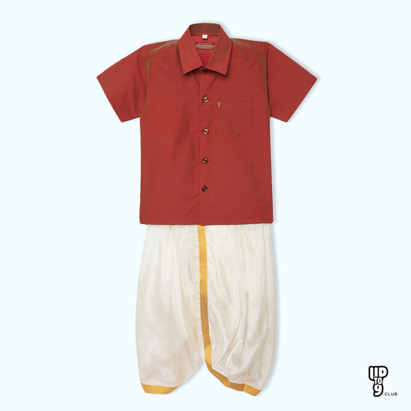 THANGAMAGAN PREMIUM Solid Red Boys Panjagajam & Shirt Set