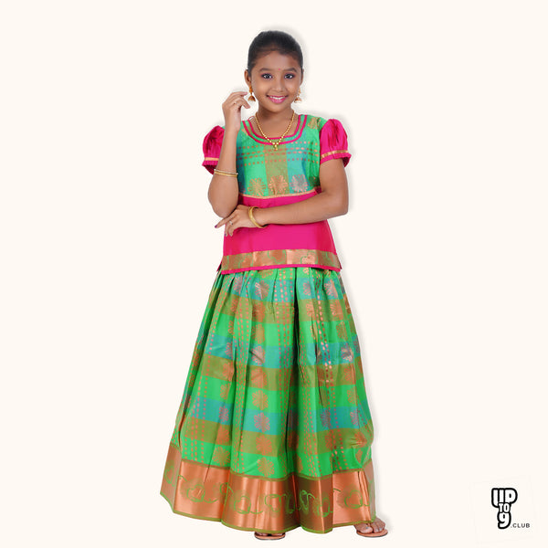 SKV ETHNIVERSE Girls' Traditional Indian Lehenga Choli Set, Green and Pink , Floral Print  emboss pattu pavadai