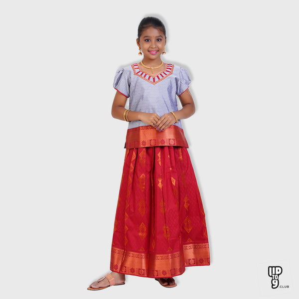 SKV Ethniverse Girl's Traditional Indian Lehenga Choli Set, Copper self jacquard with maroon and grey pattu pavadai