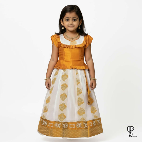 SRI LAKSHMI NARAYANA  Girls Traditional Indian Lehenga Choli Set, Yellow, Tissue - Kerala Cotton Pattu Pavada 442VT