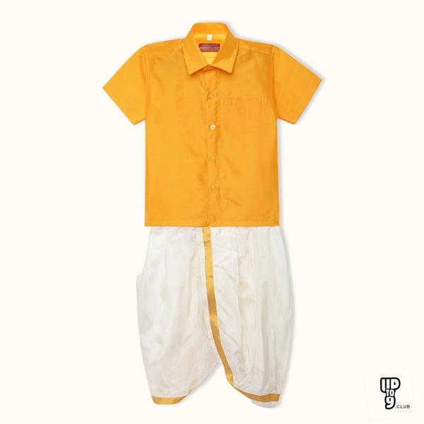 THANGAMAGAN PREMIUM Solid Yellow Boys Panjagajam & Shirt Set