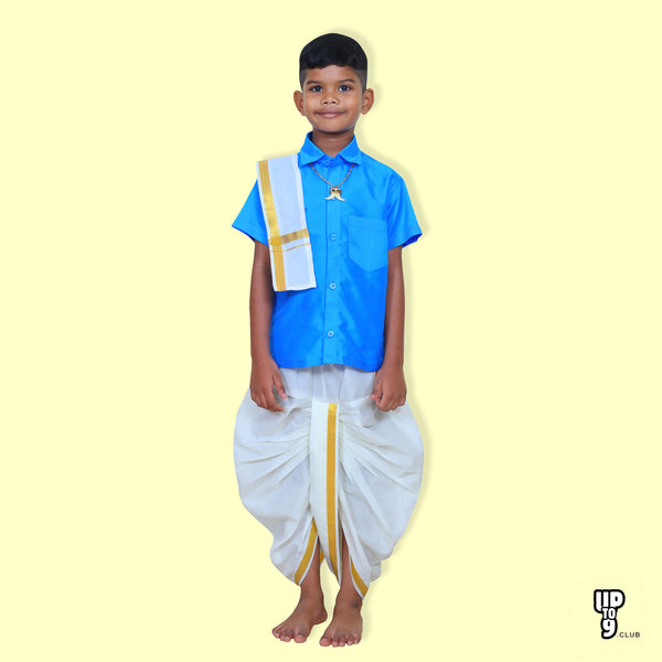 ROYAL TRENDY'S  Ethnic Wear Boys' Art Silk Shirt & Panjagajam Set - Blue color
