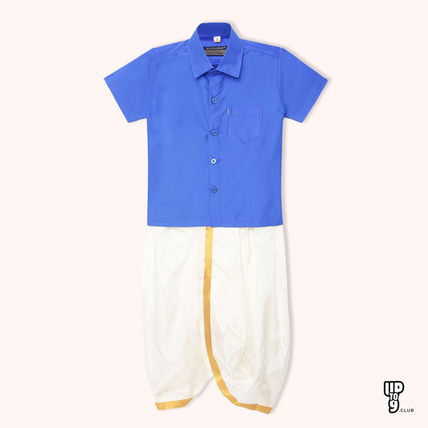 THANGAMAGAN PREMIUM Solid Blue Boys Panjagajam & Shirt Set