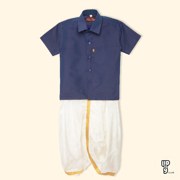 THANGAMAGAN PREMIUM Solid Navy Blue Boys Panjagajam & Shirt Set