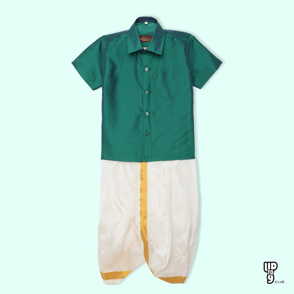 THANGAMAGAN PREMIUM Solid Green Boys Panjagajam & Shirt Set