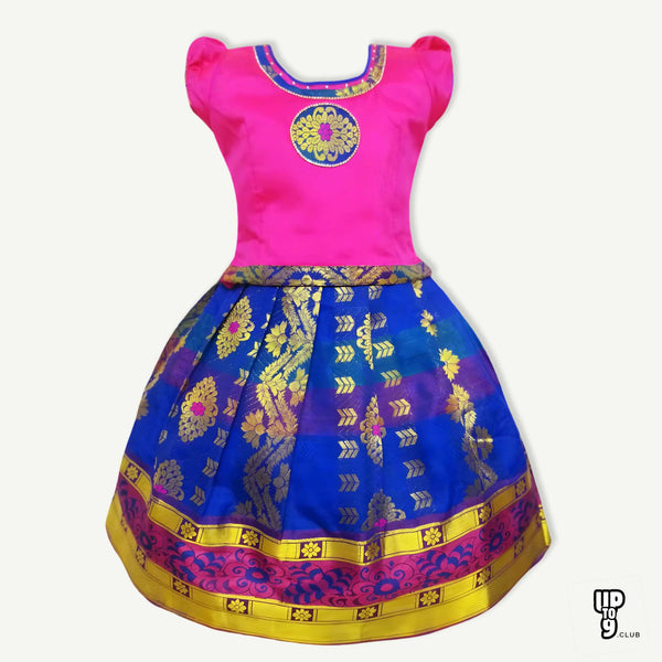 SRI LAKSHMI NARAYANA  Girls Traditional Indian Lehenga Choli Set, Pink and Blue ,Embose Pattu Pavada