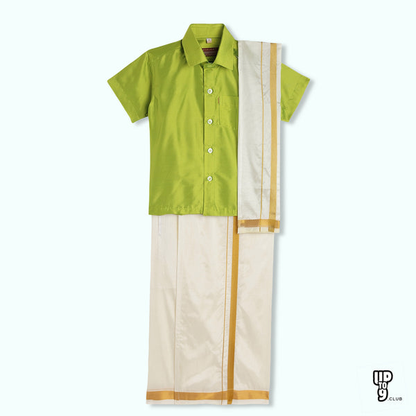 THANGAMAGAN PREMIUM Boys Green Shirt with Self-attaching Dhoti, Towel And Freebies Set