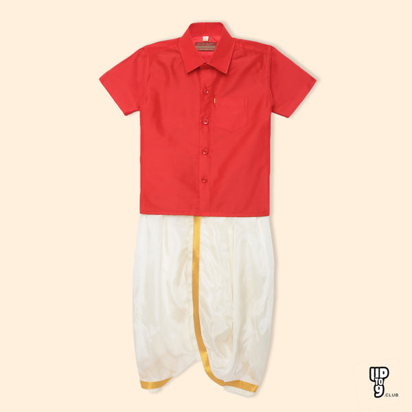 THANGAMAGAN PREMIUM Solid Red Boys Panjagajam & Shirt Set