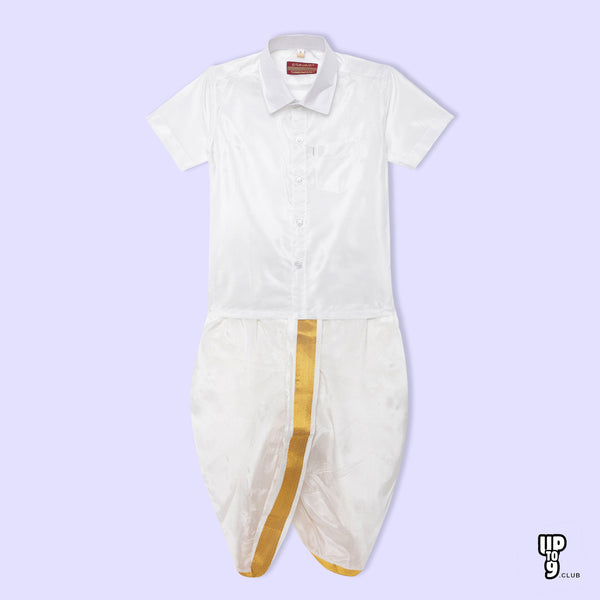 THANGAMAGAN PREMIUM Solid White Boys Panjagajam & Shirt Set