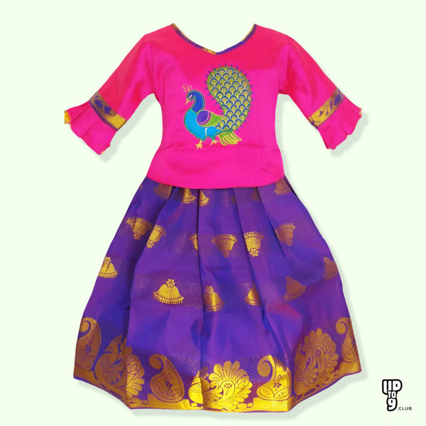 SRI LAKSHMI NARAYANA  Girls Traditional Indian Lehenga Choli Set, Pink ,Art Silk - Embose Pattu Pavada 912SP