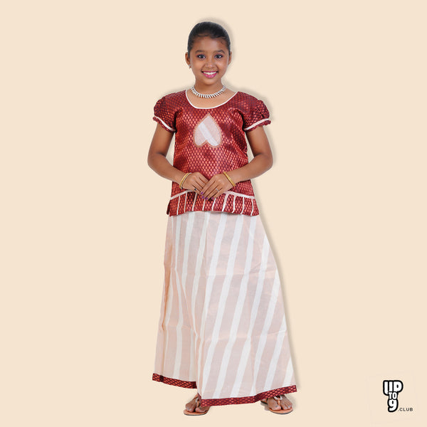 SKV Ethniverse Girl's Traditional Indian Lehenga Choli Set, copper jari jacquard, Kerala cotton Striped pattu pavadai
