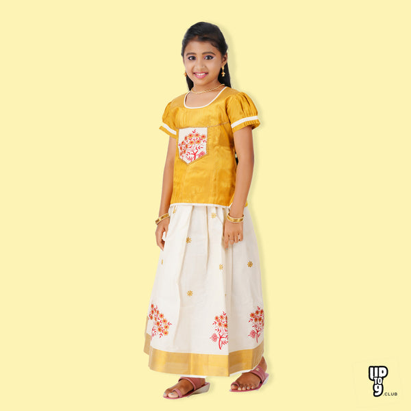 SKV ETHNIVERSE Padmaavathi's Kerala cotton flower embroidered pattu pavadai set - Cream with Gold and Red