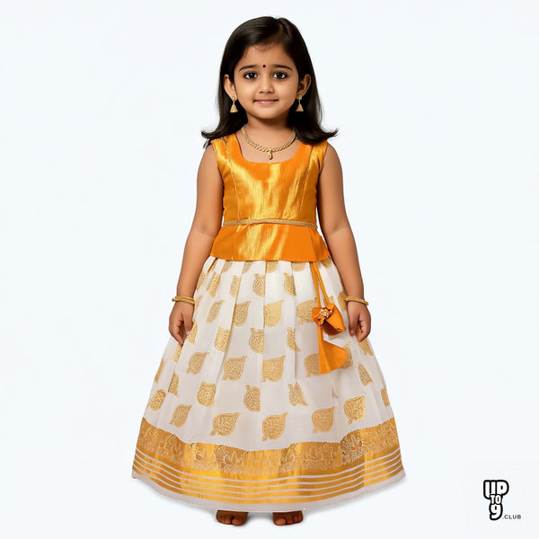 SRI LAKSHMI NARAYANA  Girls Traditional Indian Lehenga Choli Set, Yellow, Tissue - Kerala Cotton Pattu Pavada 424SP