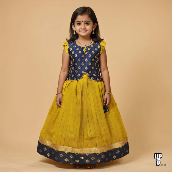 SRI LAKSHMI NARAYANA  Girls Traditional Indian Lehenga Choli Set, Dark Blue and Yellow, Banaras - Slub  Checkered  Silk Pattu Pavada 313SP